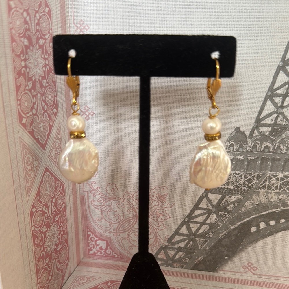 Elegant Gold and White Coin Pearl Drop Earrings